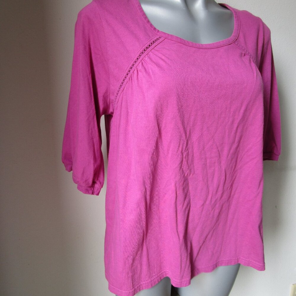100% cotton blouse, 3/4 sleeve, Orchid-plum tone, loose fit, size Large.